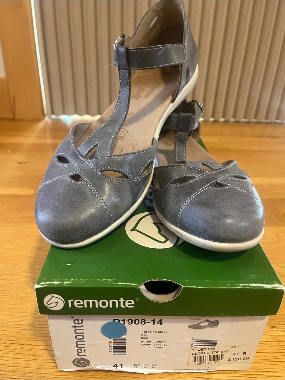 Remonte Blue-Gray T-Strap Closed-Toe Flats